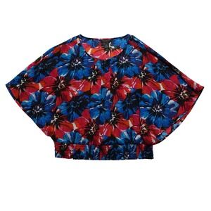Investments Petites Womens PXL Floral Blouse Blue Red Smocked Top